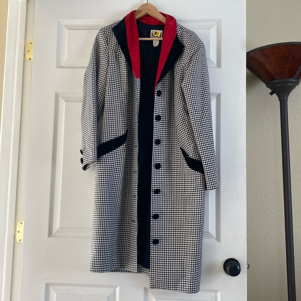 Vintage Sandra Ow-Wing Black & White Trench Coat with Red Detail